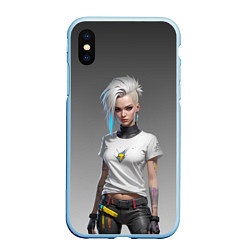 Чехол iPhone XS Max матовый Блондинка в белой футболке Cyberpunk 2077, цвет: 3D-голубой