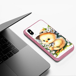 Чехол iPhone XS Max матовый Мультяшный цыпленок с цветами ландыша, цвет: 3D-малиновый — фото 2