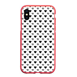 Чехол iPhone XS Max матовый Черно-белые сердечки, цвет: 3D-красный