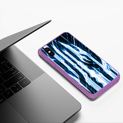 Чехол iPhone XS Max матовый Синие неоновые полосы на чёрном фоне, цвет: 3D-фиолетовый — фото 2