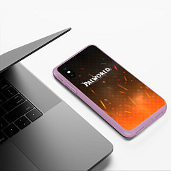 Чехол iPhone XS Max матовый Palworld лого на фоне огня, цвет: 3D-сиреневый — фото 2