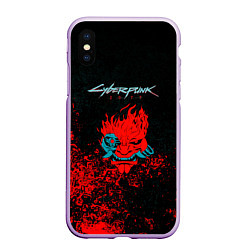 Чехол iPhone XS Max матовый Cyberpunk 2077 брызги красок, цвет: 3D-сиреневый