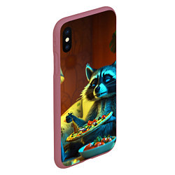 Чехол iPhone XS Max матовый Сонный енот с пиццей на диване, цвет: 3D-малиновый — фото 2