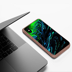 Чехол iPhone XS Max матовый Яркая зеленая краска на темной абстракции, цвет: 3D-коричневый — фото 2