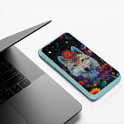 Чехол iPhone XS Max матовый Белый волк с цветами акварелью, цвет: 3D-мятный — фото 2