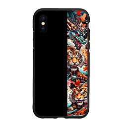 Чехол iPhone XS Max матовый Тату ирезуми дракона тигр лис и самурай, цвет: 3D-черный