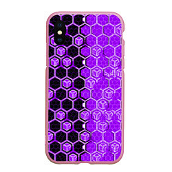 Чехол iPhone XS Max матовый Техно-киберпанк шестиугольники фиолетовый и чёрный, цвет: 3D-розовый