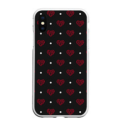 Чехол iPhone XS Max матовый Красные сердечки и белые точки на черном, цвет: 3D-белый