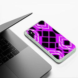 Чехол iPhone XS Max матовый Чёрные квадраты и белые полосы на фиолетовом фоне, цвет: 3D-салатовый — фото 2