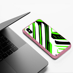 Чехол iPhone XS Max матовый Чёрно-зелёные полосы на белом фоне, цвет: 3D-малиновый — фото 2
