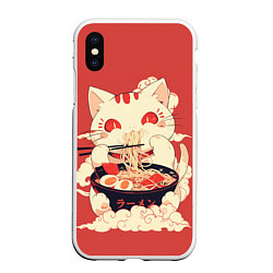 Чехол iPhone XS Max матовый Japanese cat eats ramen, цвет: 3D-белый