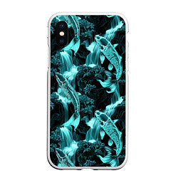 Чехол iPhone XS Max матовый Карпы кои и водопад - бирюзовый неон, цвет: 3D-белый