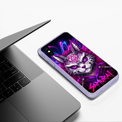 Чехол iPhone XS Max матовый Кот самурай в ярких фиолетовых оттенках, цвет: 3D-светло-сиреневый — фото 2