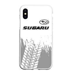 Чехол iPhone XS Max матовый Subaru speed на светлом фоне со следами шин посере