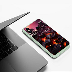 Чехол iPhone XS Max матовый Черные абстрактные квадратные камни в лаве, цвет: 3D-салатовый — фото 2