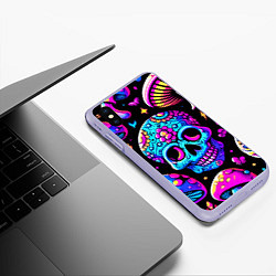 Чехол iPhone XS Max матовый Мексиканский череп и мухомор - неоновое свечение, цвет: 3D-светло-сиреневый — фото 2