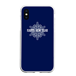 Чехол iPhone XS Max матовый Happy New Year синий со снежинкой, цвет: 3D-белый