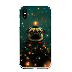 Чехол iPhone XS Max матовый Мопс - новогодняя елка, цвет: 3D-белый