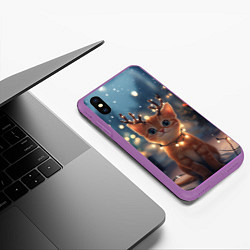 Чехол iPhone XS Max матовый Котенок с новогодними рожками, цвет: 3D-фиолетовый — фото 2