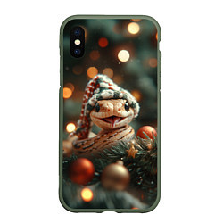 Чехол iPhone XS Max матовый Забавная новогодняя змея, цвет: 3D-темно-зеленый