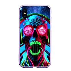 Чехол iPhone XS Max матовый Metallica - neon skull with headphones, цвет: 3D-светло-сиреневый