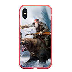 Чехол iPhone XS Max матовый Русский воин на медведе, цвет: 3D-красный