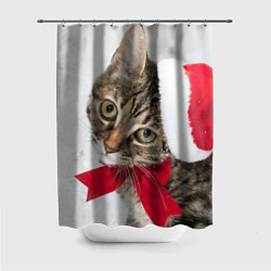 Шторка для ванной Новогодний кот в колпаке