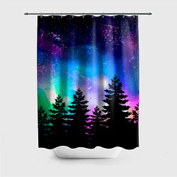 Шторка для душа Космический лес, елки и звезды, цвет: 3D-принт
