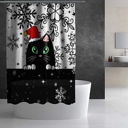 Шторка для душа Новогодний кот в колпаке Санты, цвет: 3D-принт — фото 2