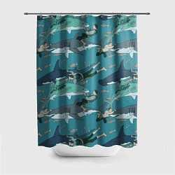 Шторка для душа Ныряльщики и акулы - паттерн, цвет: 3D-принт