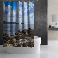 Шторка для душа Парусник на горизонте океана, цвет: 3D-принт — фото 2
