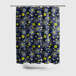 Шторка для душа Лимонного цвета цветы на серо-синем фоне, цвет: 3D-принт