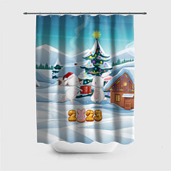 Шторка для душа 2023 - зайчики с подарком, цвет: 3D-принт