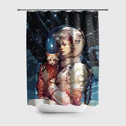 Шторка для душа Девушка космонавт с рыжим котом, цвет: 3D-принт