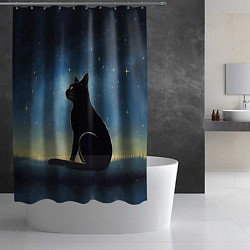 Шторка для душа Черный кот и звезды - акварель, цвет: 3D-принт — фото 2