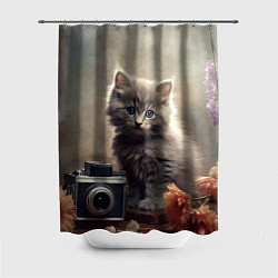 Шторка для душа Серый котенок, винтажное фото, цвет: 3D-принт