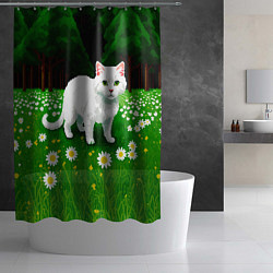 Шторка для душа Белый кот на лугу пиксель арт, цвет: 3D-принт — фото 2