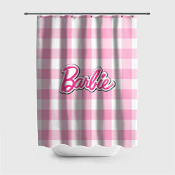 Шторка для душа Барби лого розовая клетка, цвет: 3D-принт
