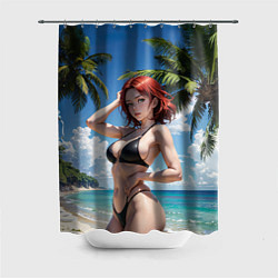 Шторка для душа Девушка с рыжими волосами на пляже, цвет: 3D-принт