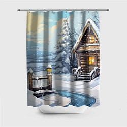 Шторка для душа Деревянный зимний домик, цвет: 3D-принт
