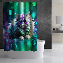 Шторка для душа Пушистый котенок в бирюзово фиолетовом боке, цвет: 3D-принт — фото 2