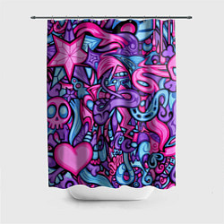 Шторка для душа Узор розово-фиолетовый черепа и сердца, цвет: 3D-принт