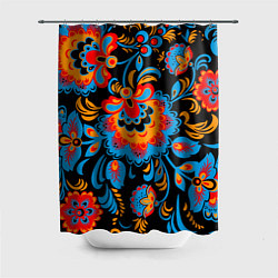 Шторка для душа Хохломская роспись разноцветные цветы на чёроном ф, цвет: 3D-принт