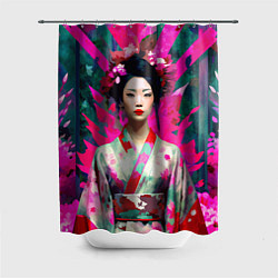 Шторка для душа Сад сакуры - гейша в традиционном японском кимоно, цвет: 3D-принт