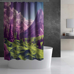 Шторка для душа Геометрический зеленый пейзаж и фиолетовые горы, цвет: 3D-принт — фото 2