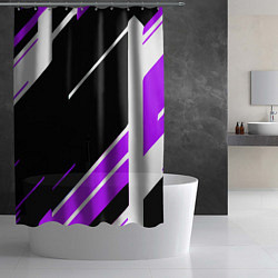 Шторка для душа Бело-фиолетовые полосы на чёрном фоне, цвет: 3D-принт — фото 2