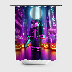 Шторка для душа Чувак с мечом в неоновом городе - Майнкрафт, цвет: 3D-принт