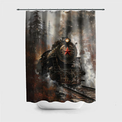 Шторка для душа Паровоз в осеннем лесу, цвет: 3D-принт