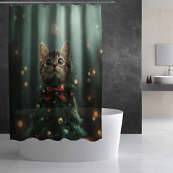 Шторка для душа Котик - новогодняя елочка, цвет: 3D-принт — фото 2