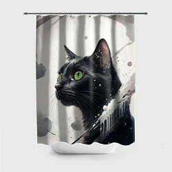 Шторка для душа Черная кошка с зелеными глазами, цвет: 3D-принт